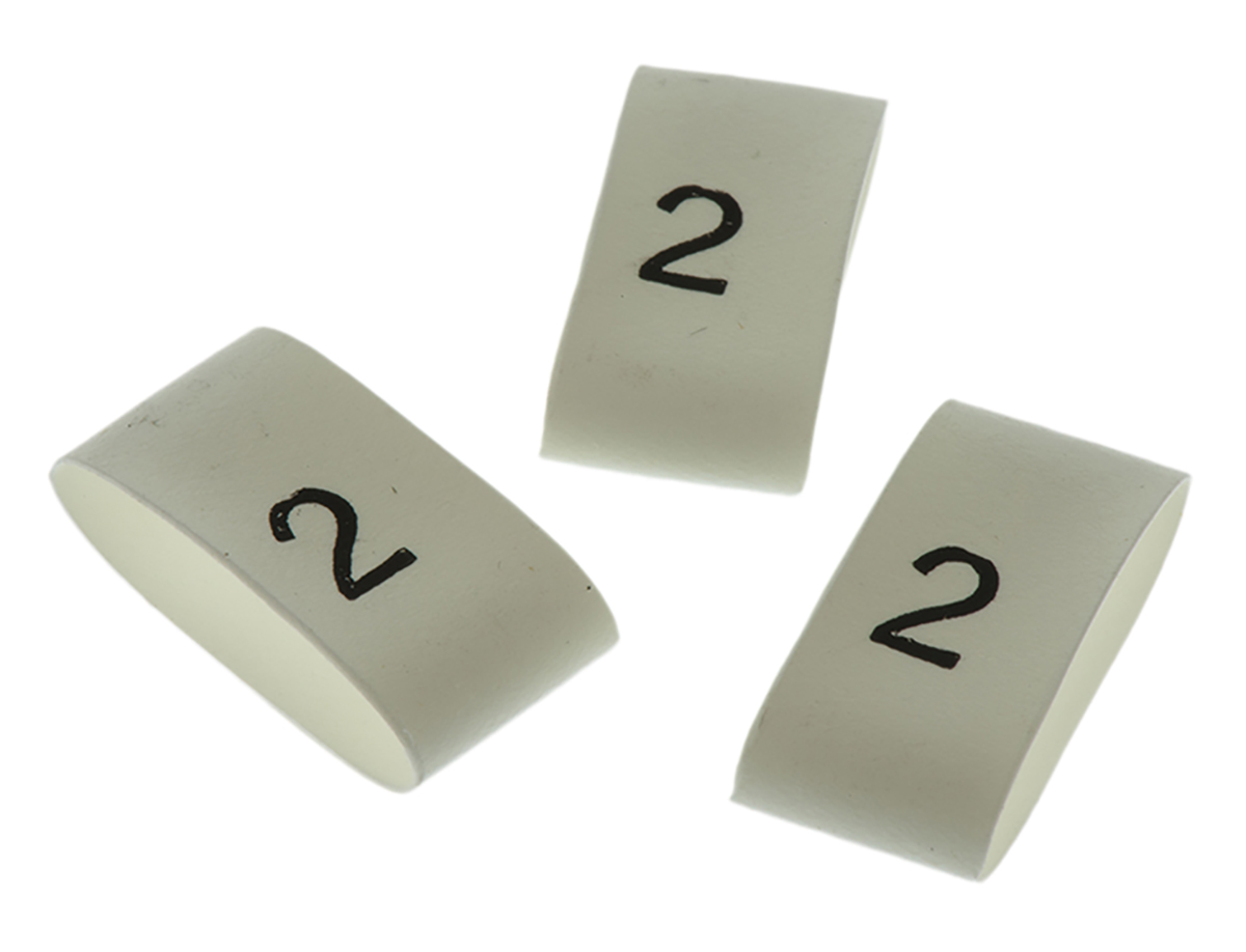 TE Connectivity Heat Shrink Cable Markers, White, Pre-printed "2", 4 → 12mm Cable, TRSA-1019/G/1/2