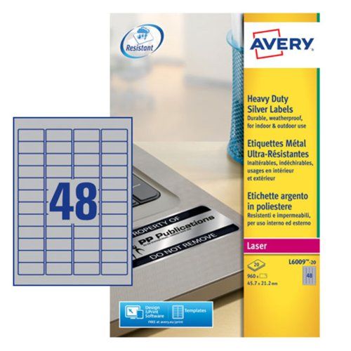 Avery Silver Adhesive High Visibility Label Sheet, Pack of 20Sheets