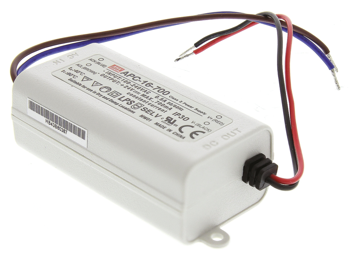 MEAN WELL LED Driver, 9 → 24V Output, 16.8W Output, 700mA Output, Constant Current