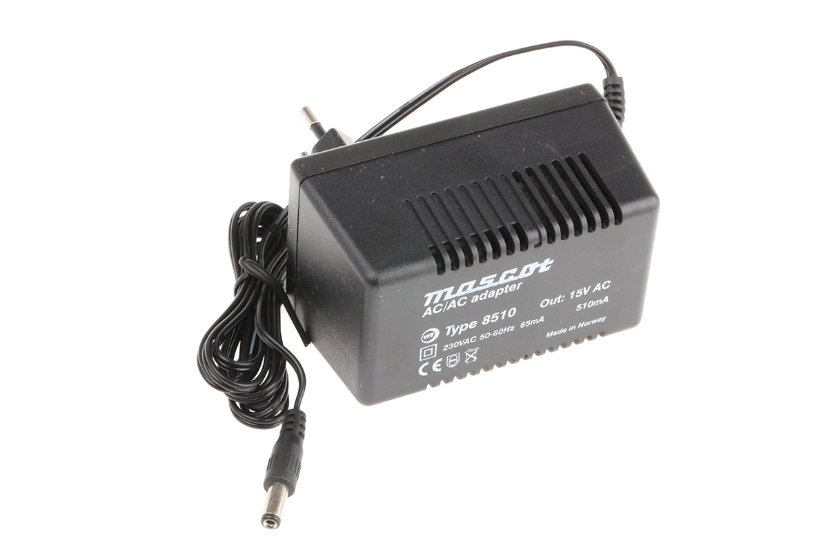 Mascot 8.5W Plug-In AC/DC Adapter 15V ac Output, 510mA Output