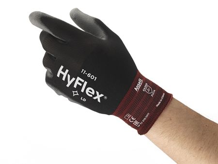 Ansell HyFlex 11-601 Black Nylon Nylon Work Gloves, Size 6, Polyurethane Coating