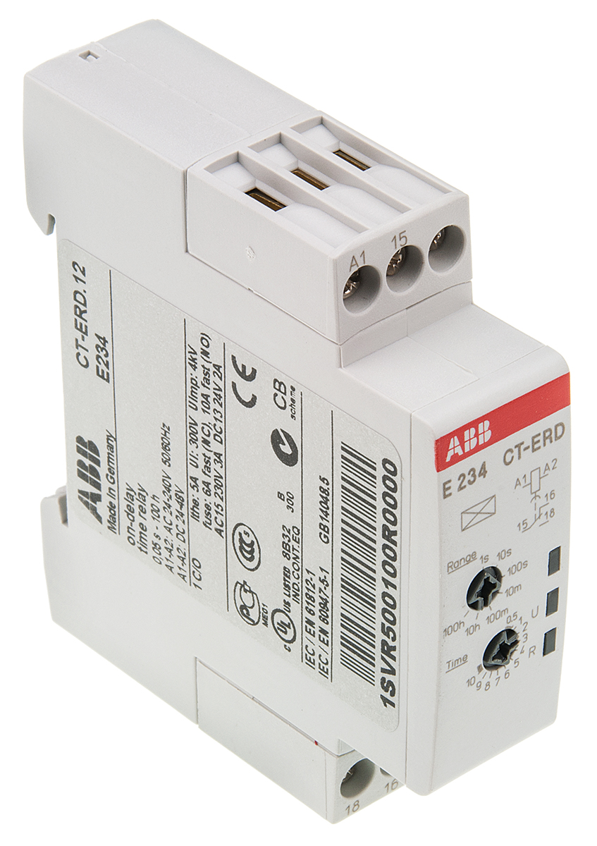 ABB 1SVR Series DIN Rail Mount Timer Relay, 24 → 240 V ac, 24 → 48V dc, 1-Contact, 0.05 s → 100h,