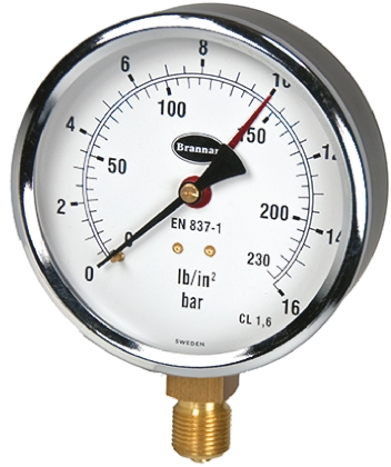 Brannan G 3/8 Analogue Pressure Gauge 16bar Bottom Entry 100mm Outside Diameter