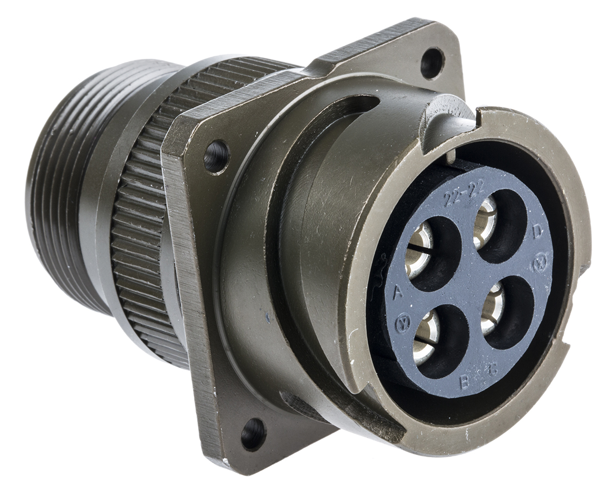 Amphenol Limited, 97B, Brass 4 Way Wall Mount MIL Spec Circular Connector Receptacle, Socket Contacts,Shell Size 22,
