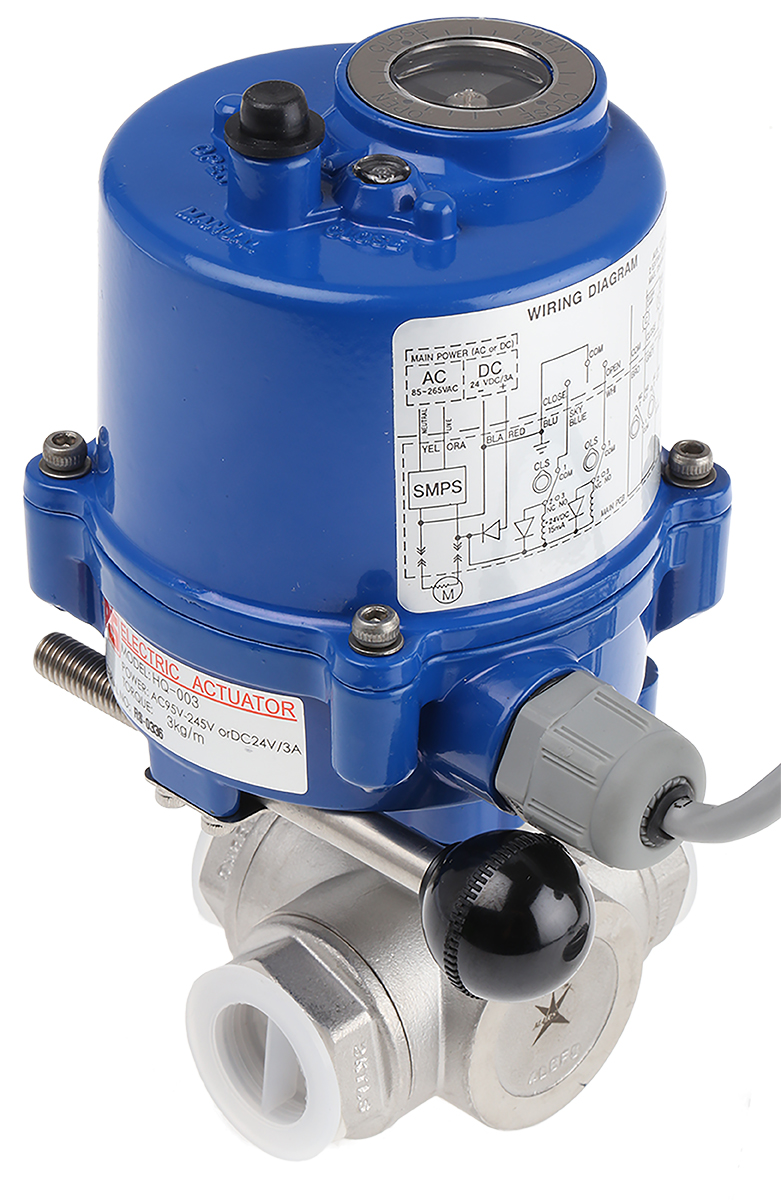 RS PRO 24 V, 110 V, 220 V 3 port Motorised Valve, Ball Valve type , 3/4in Pipe Size, 1000 psi