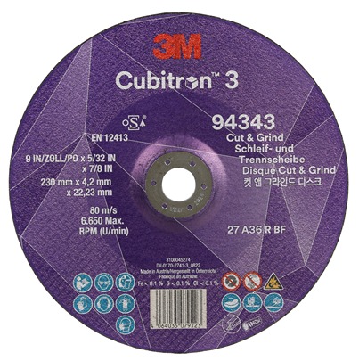 3M 94343 Ceramic Cutting Disc, 230mm x 4.2mm Thick, 36+ Grade, 10 in pack