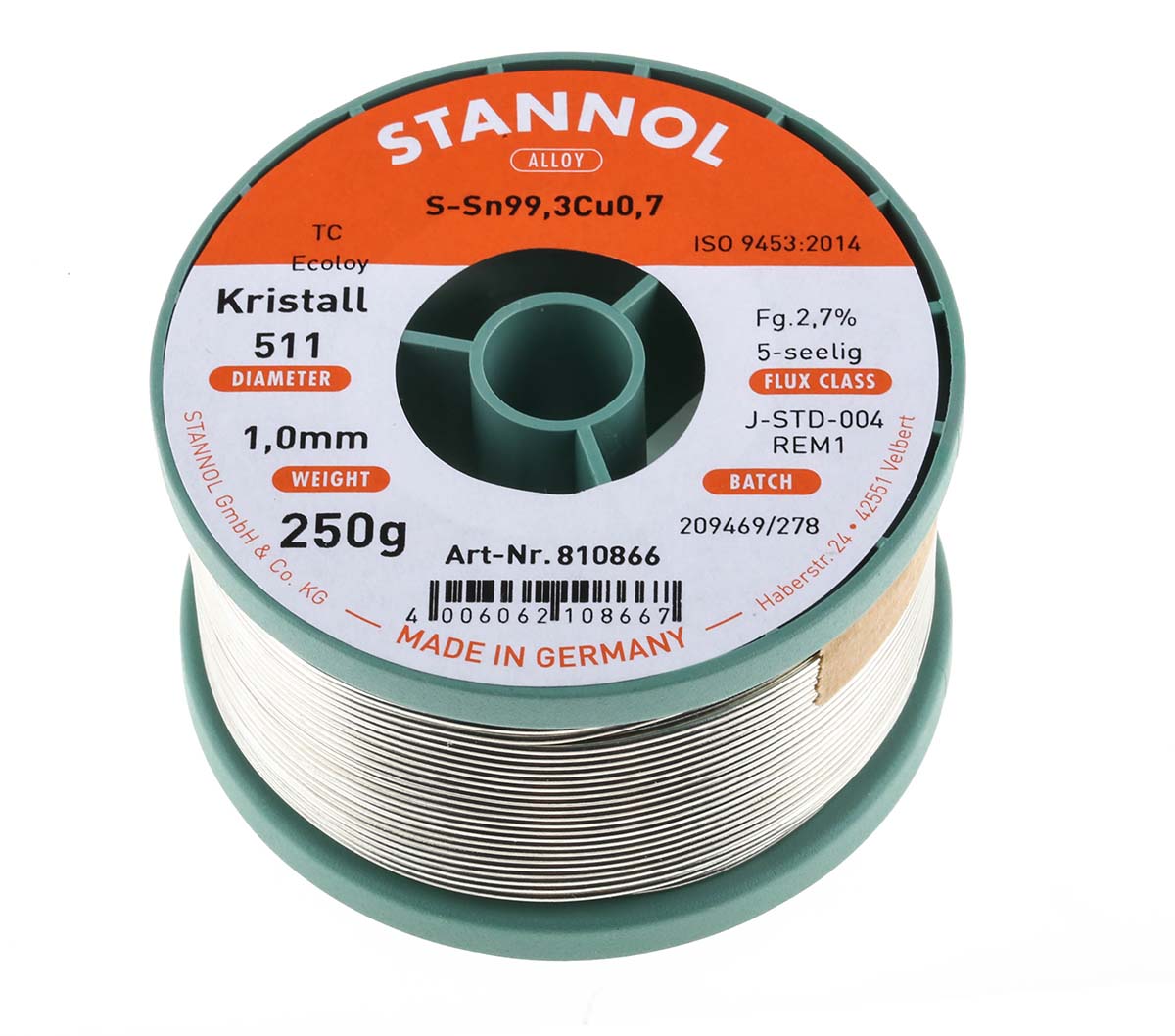 Stannol Wire, 1mm Lead Free Solder, 227°C Melting Point