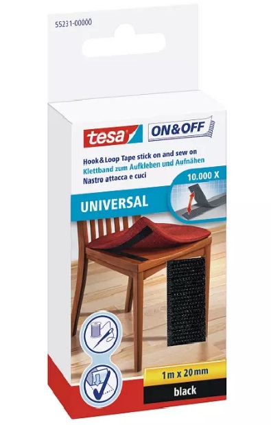 Tesa Black Hook & Loop Tape, 20mm x 1m