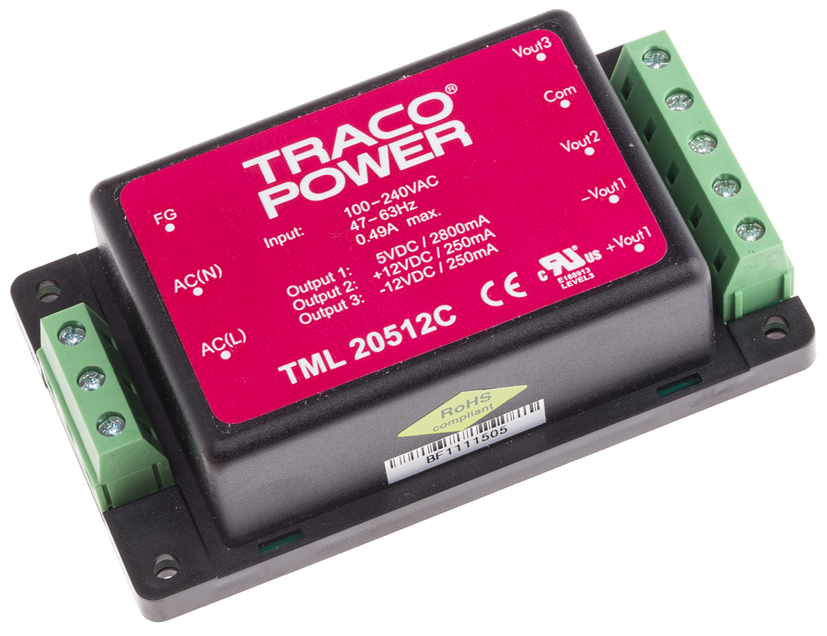 TRACOPOWER Switching Power Supply, TML 20512C, 5 V dc, ±12 V dc, 2.8 A, 250mA, 20W, Triple Output, 100 → 375 V