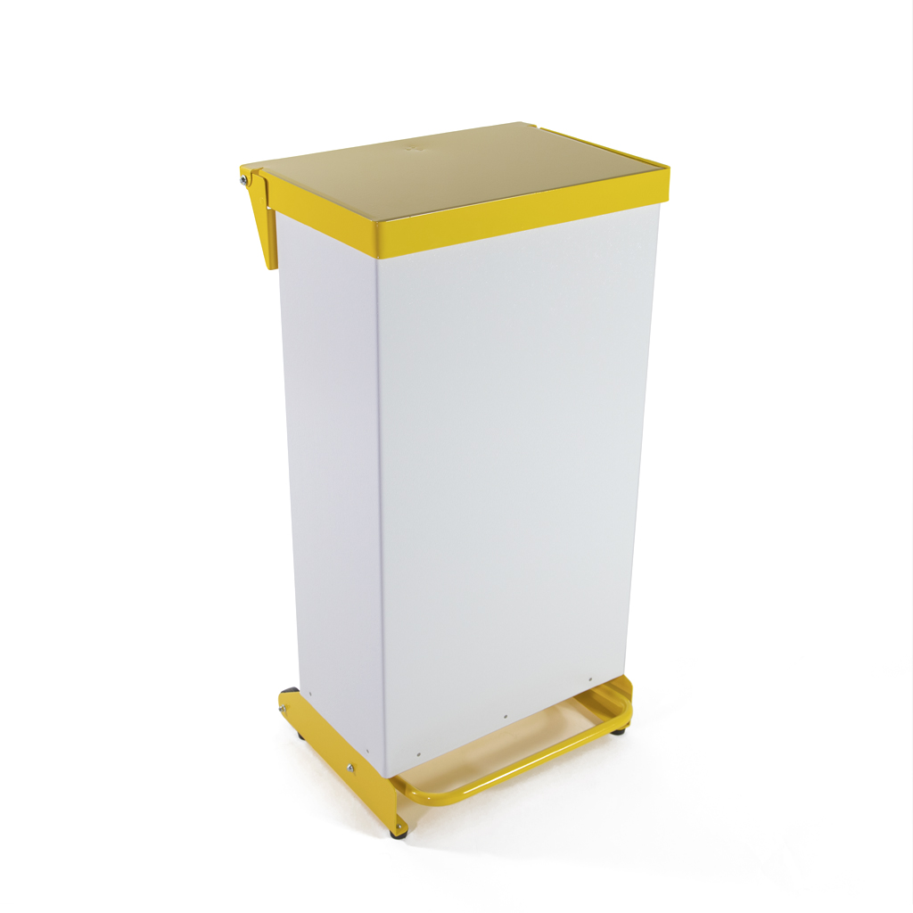 Robert Scott 65lt Fire Retardant Fully Enclosed Pedal Bin 65L Yellow, White Pedal Steel Waste Bin