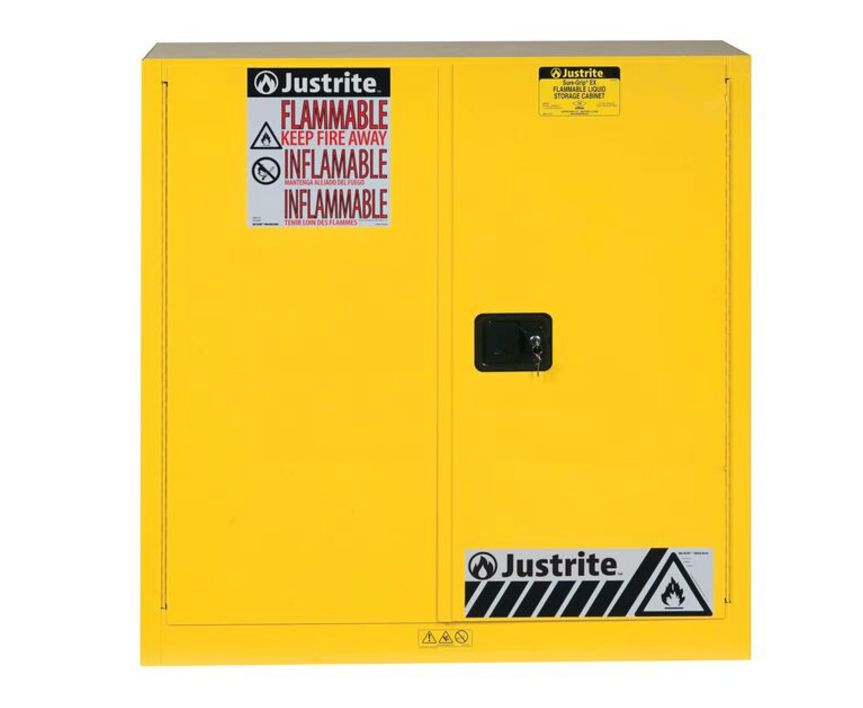 Justrite Yellow Steel Lockable 2 Door Flammable Cabinet, 1118mm x 1092mm x 457mm
