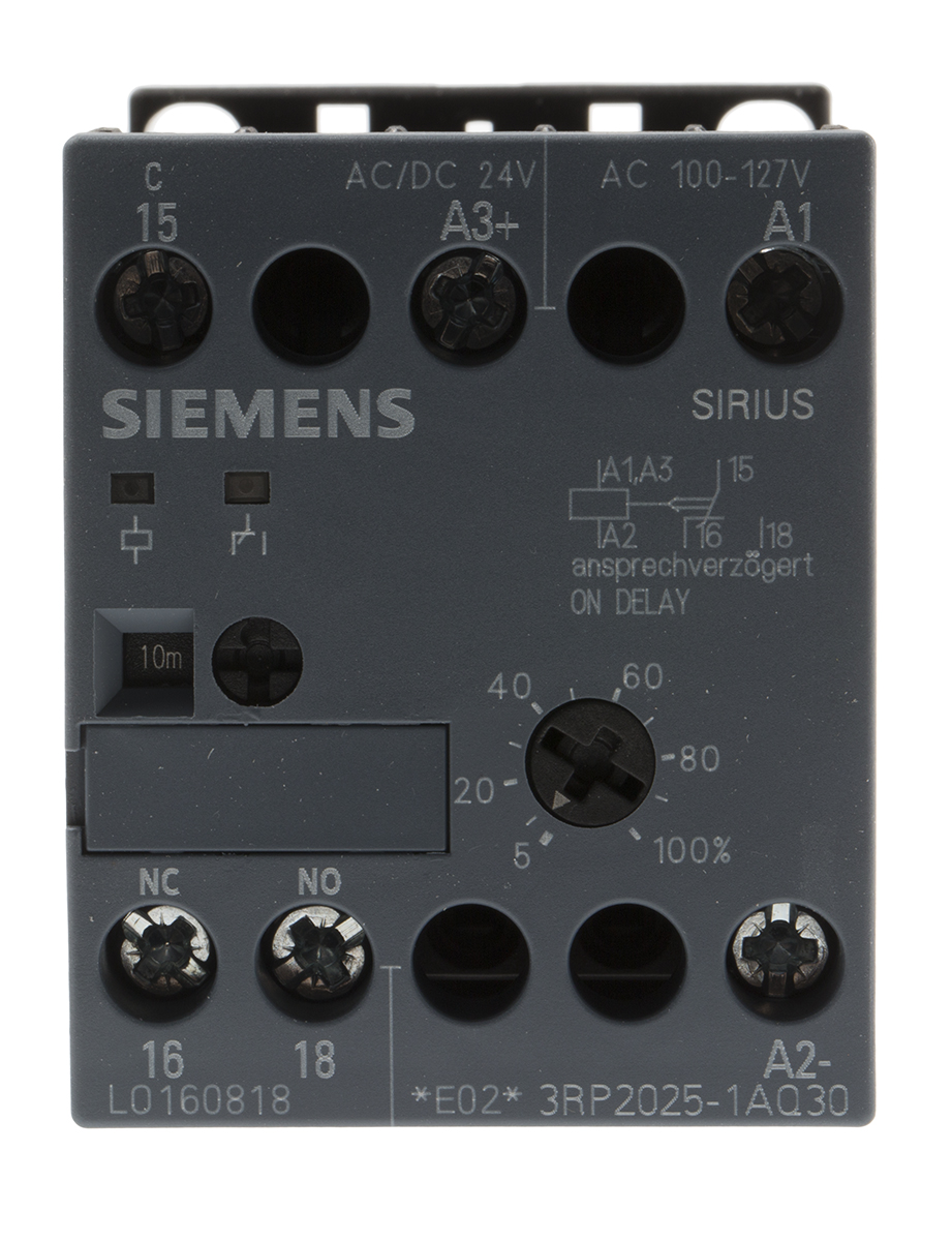 Siemens DIN Rail Mount Timer Relay, 100 → 127 V ac, 24V ac/dc, 1-Contact, 0.05 → 100 h, 0.05 → 100