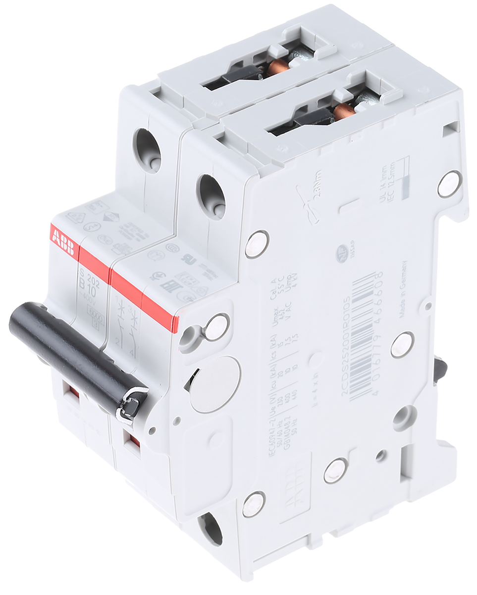 ABB System Pro M Compact S200 MCB, 2P, 10A Curve B, 400V AC, 6 kA Breaking Capacity