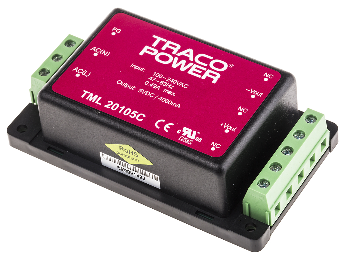 TRACOPOWER Switching Power Supply, TML 20105C, 5V dc, 4A, 20W, 1 Output, 100 → 375 V dc, 90 → 264 V ac