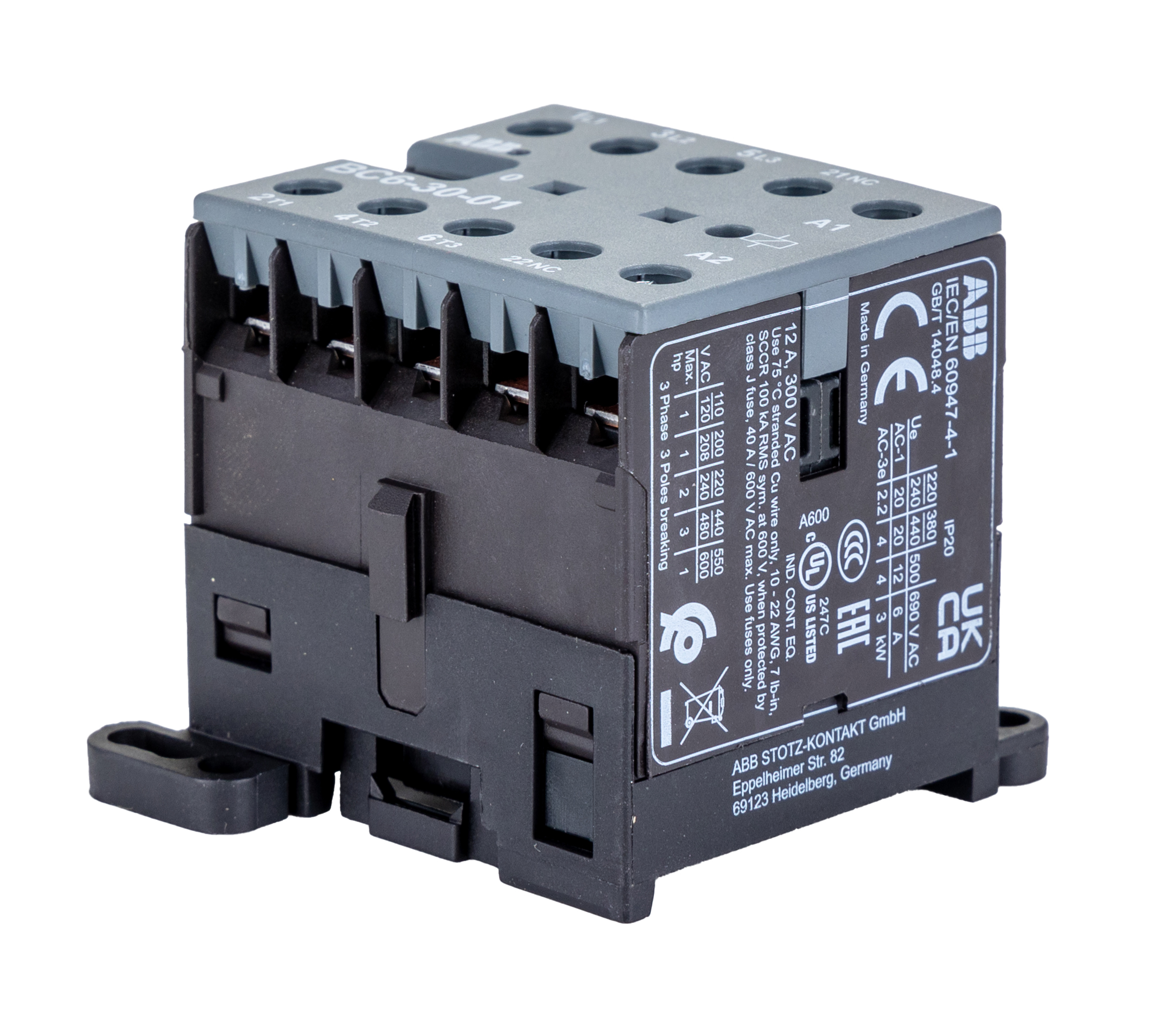 ABB BC6-30-01 Contactor, 24 V Coil, 3-Pole, 20 A, 4 kW, 3NO