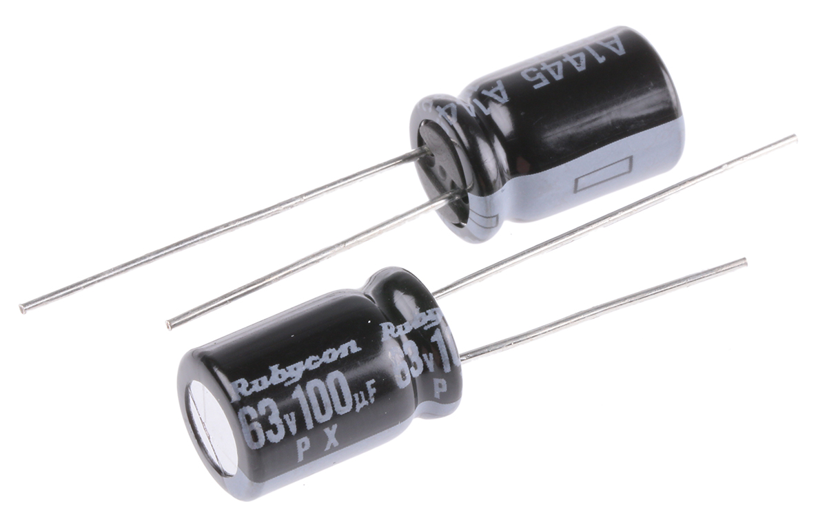 Rubycon 100μF Aluminium Electrolytic Capacitor 63V dc, Radial, Through Hole - 63PX100MEFC8X11.5