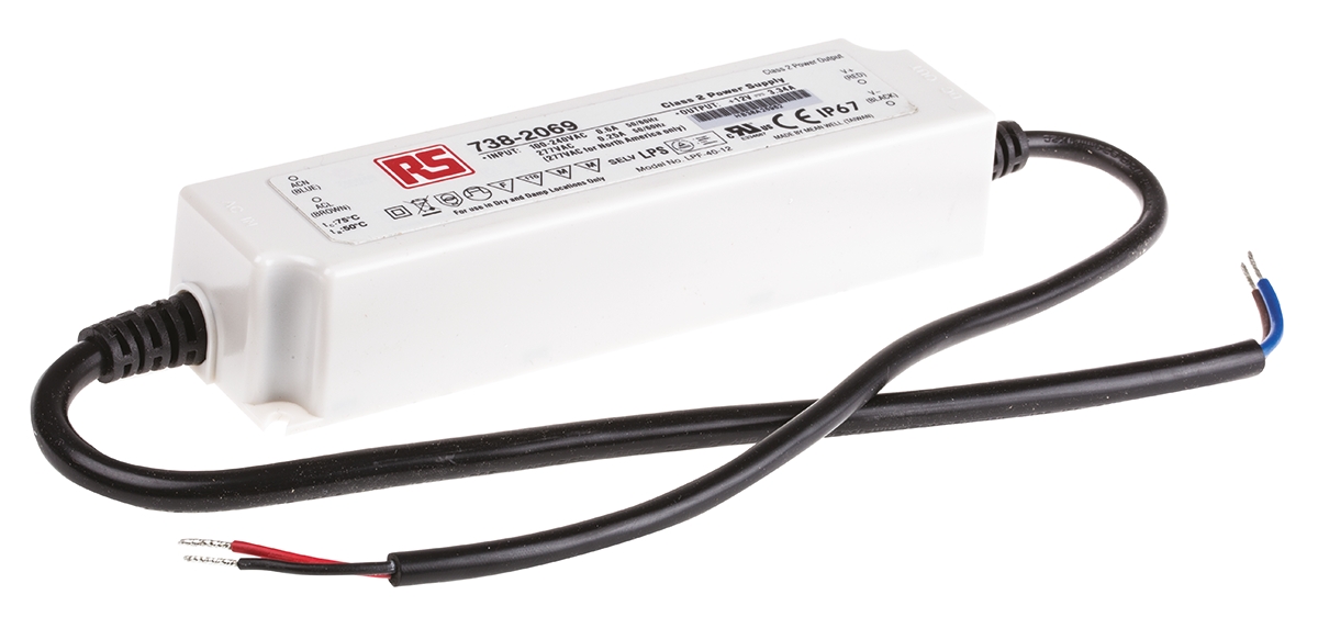 MEAN WELL LED Driver, 12V Output, 40.08W Output, 3.34A Output, Constant Voltage