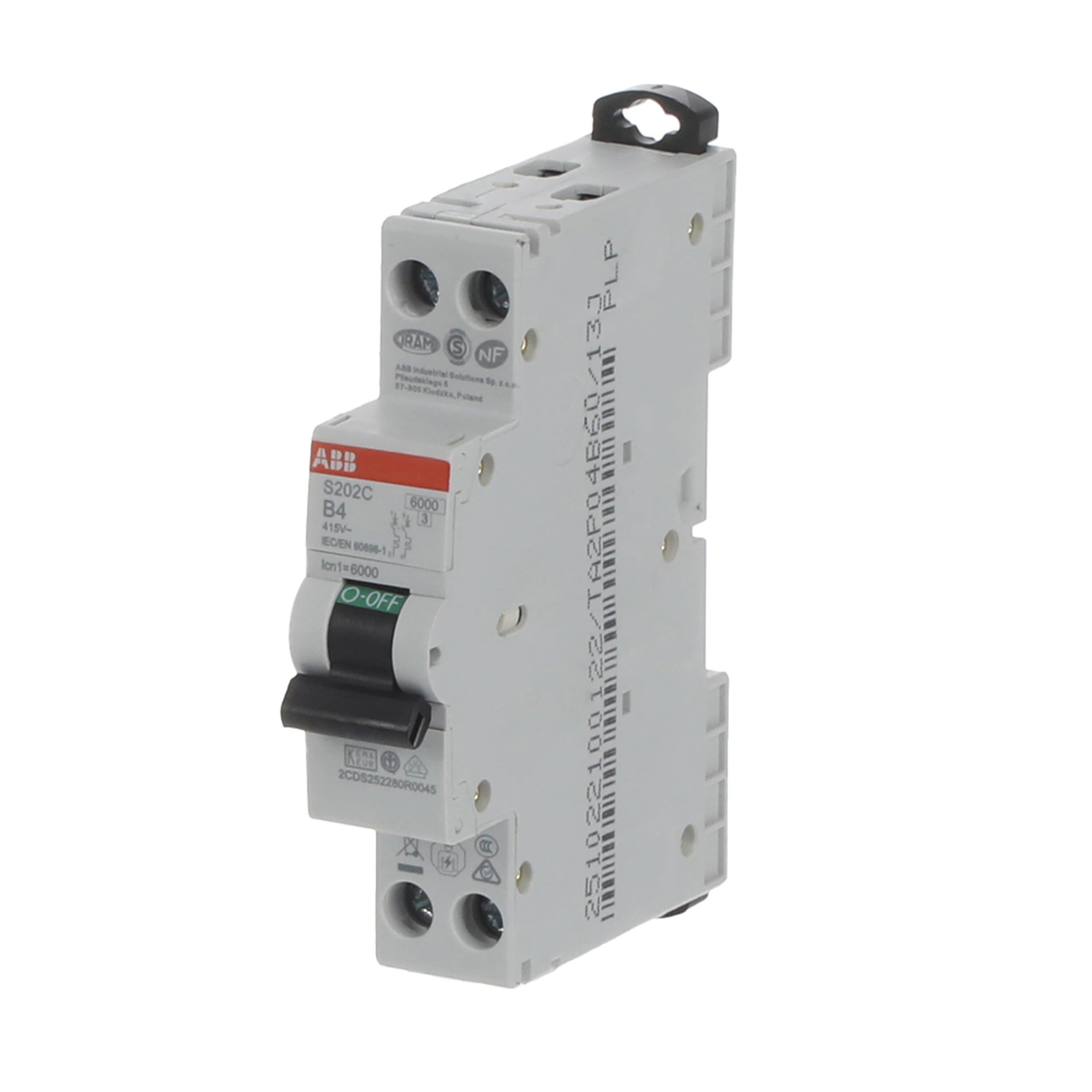 ABB S200C MCB, 2P, 4A Curve B, 415V AC, 6 kA Breaking Capacity