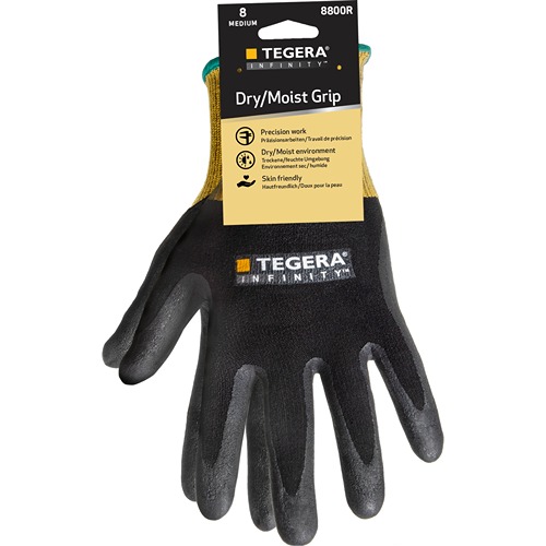 Tegera TEGERA Black, Yellow Spandex, Nylon Nylon, Spandex Work Gloves, Size 8, Nitrile Coating