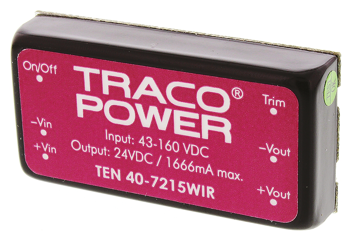 TRACOPOWER TEN 40WIR DC-DC Converter, 24V dc/ 1.67A Output, 43 → 160 V dc Input, 40W, Through Hole, +85°C Max
