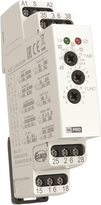 RS PRO DIN Rail Mount Timer Relay, 12 → 240V ac/dc, 1-Contact, 0.1 s → 10days, 10-Function, SPDT