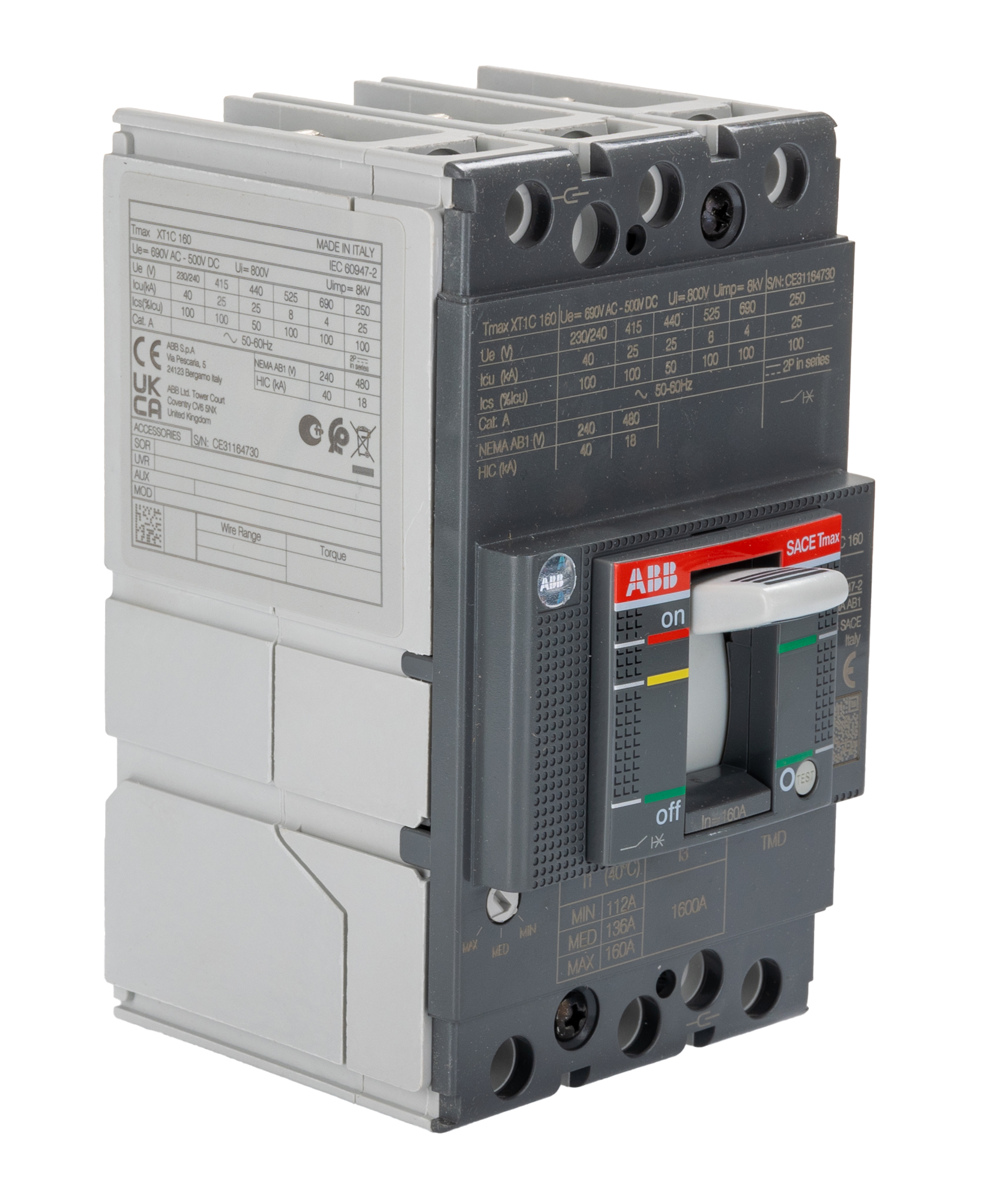 ABB, SACE Tmax XT MCCB Molded Case Circuit Breaker 3P 160A, Breaking Capacity 4 kA, Fixed Mount