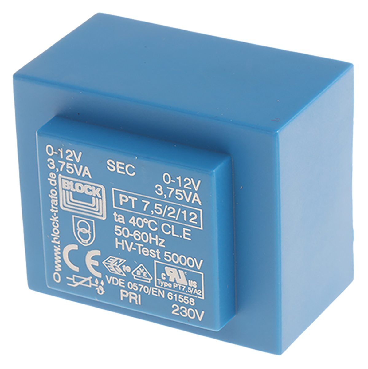 Block 12V ac 2 Output Through Hole PCB Transformer, 7.5VA