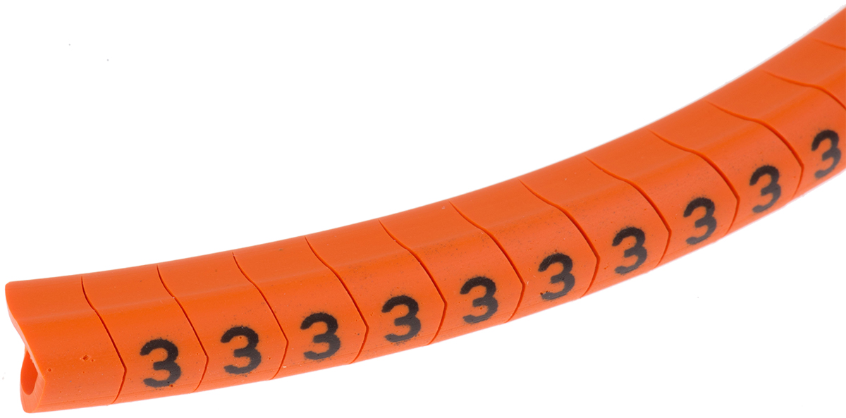 HellermannTyton Helagrip Slide On Cable Markers, Black on Orange, Pre-printed "3", 4 → 9mm Cable, 901-10308