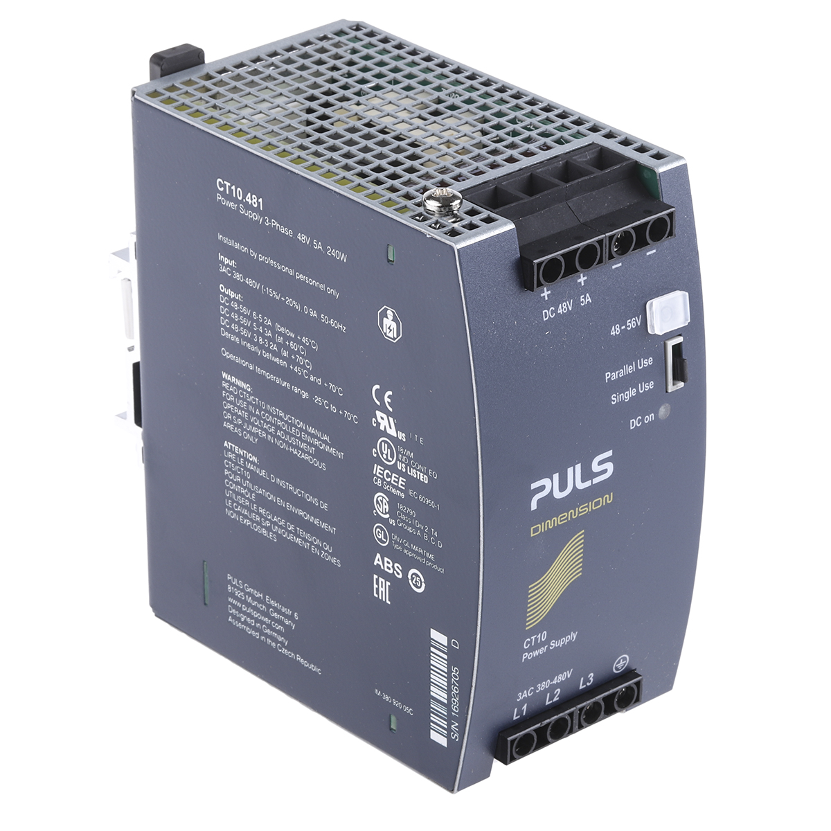 PULS DIMENSION C-Line Switched Mode DIN Rail Power Supply, 380 → 480V ac ac Input, 48V dc dc Output, 5A Output,