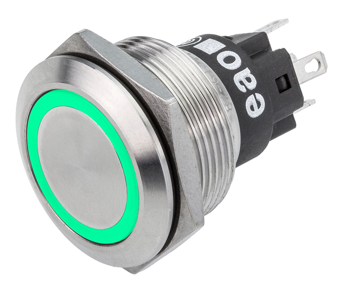 EAO 82 Series Illuminated Push Button Switch, Momentary, Panel Mount, 22.3mm Cutout, SPDT, Green LED, 240V, IP65, IP67
