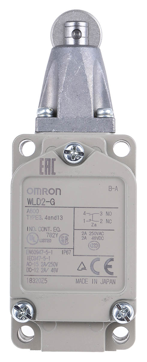 Omron WL Series Roller Lever Limit Switch, NO/NC, IP67, SPDT, Die Cast Aluminium Housing, 600V ac Max, 10A Max