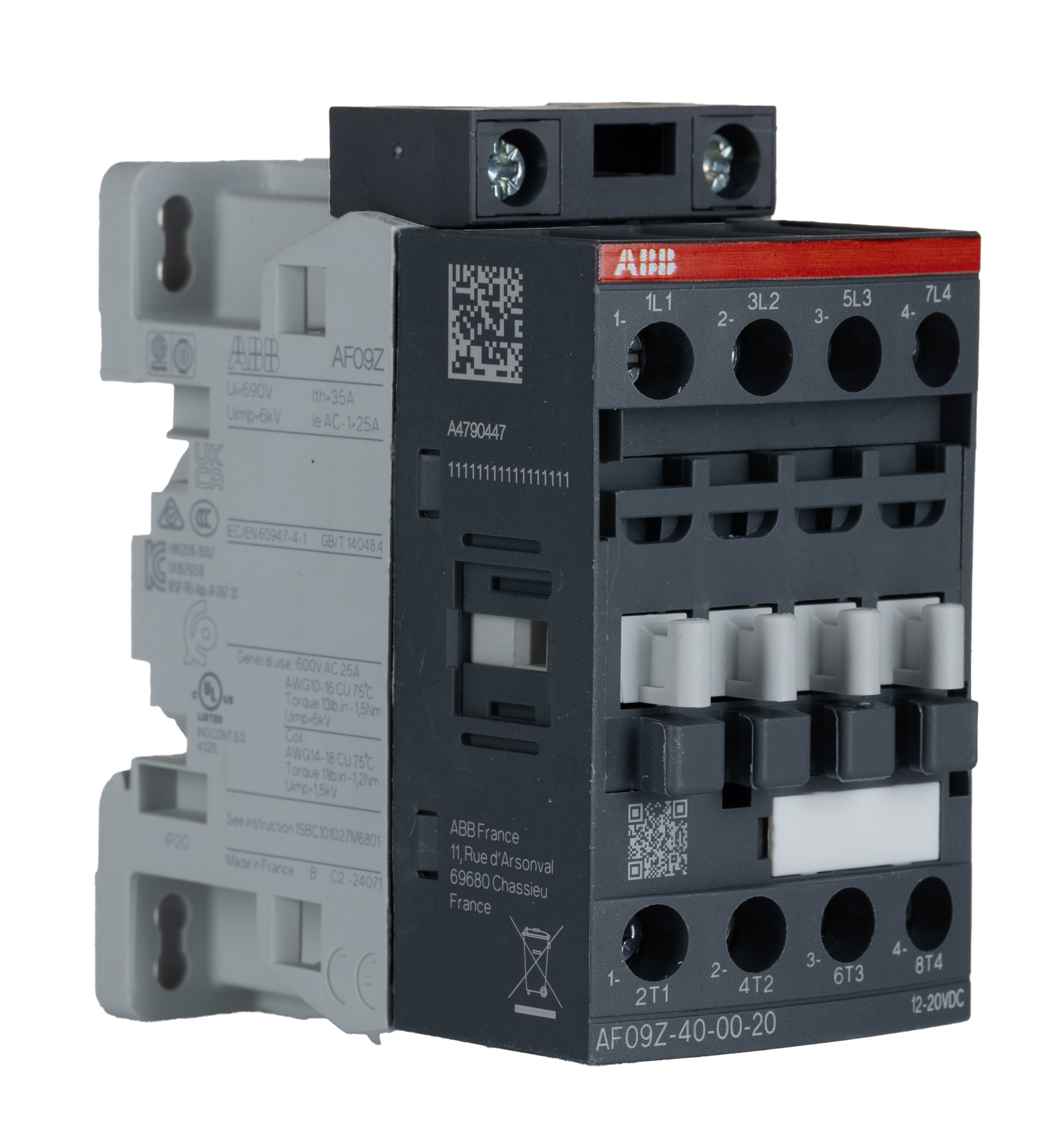 ABB AF09Z Contactor, 12 V Coil, 4-Pole, 25 A, 4 kW 20 V, 4 NO, 690V