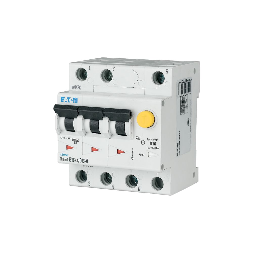 Eaton RCBO, 16A Current Rating, 3P Poles, 30mA Trip Sensitivity, Type A, Type D, FRBmM Range