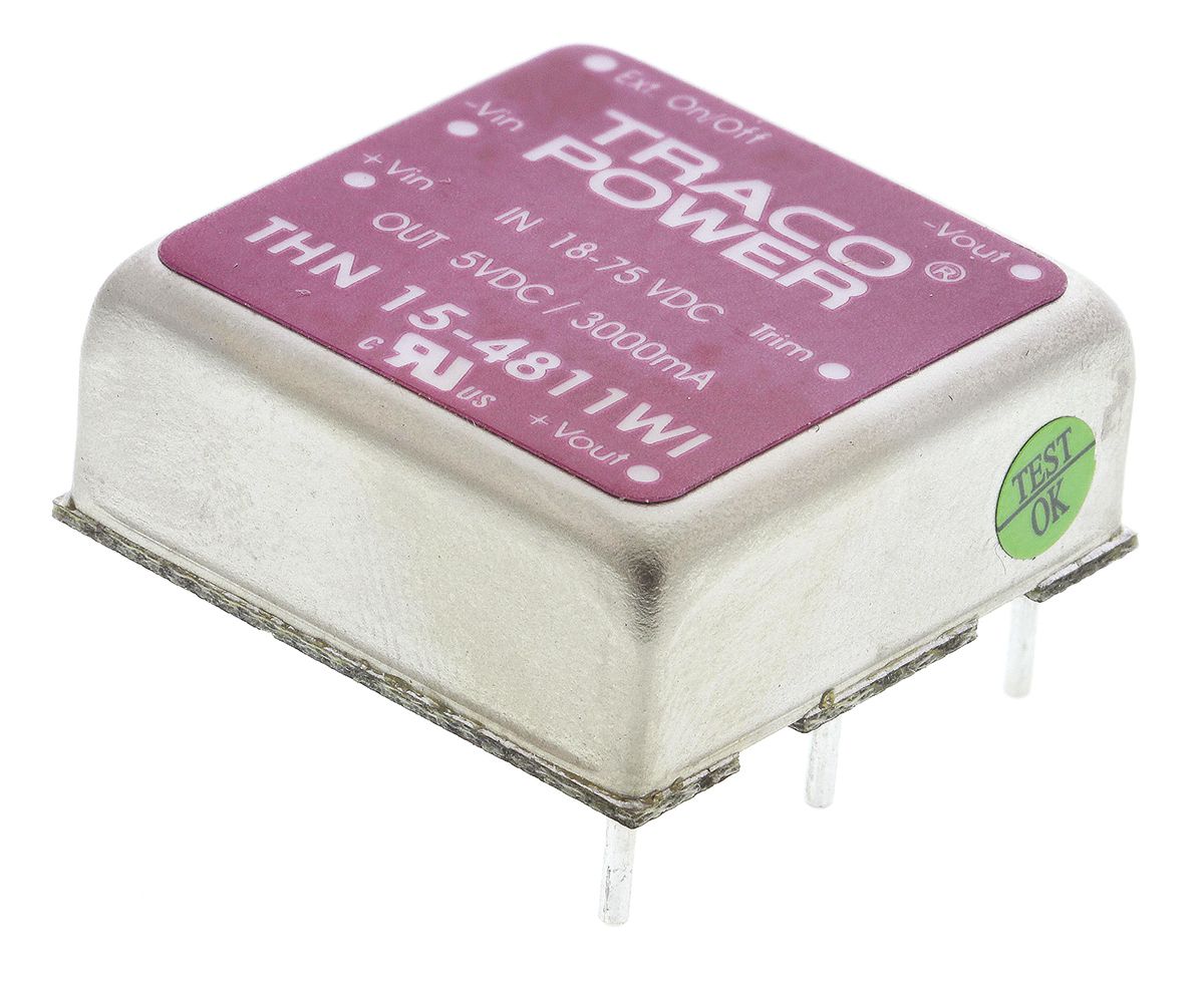 TRACOPOWER THN 15WI DC-DC Converter, 5V dc/ 3A Output, 18 → 75 V dc Input, 15W, PCB Mount, +85°C Max Temp -40°C