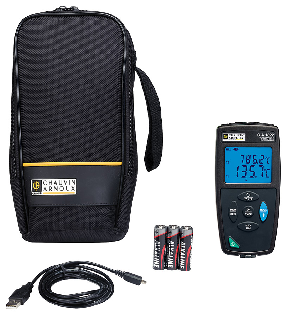 Chauvin Arnoux CA 1822 Wired Digital Thermometer for Multipurpose Use, E, J, K, N, R, S, T Probe, 2 Input(s) - With