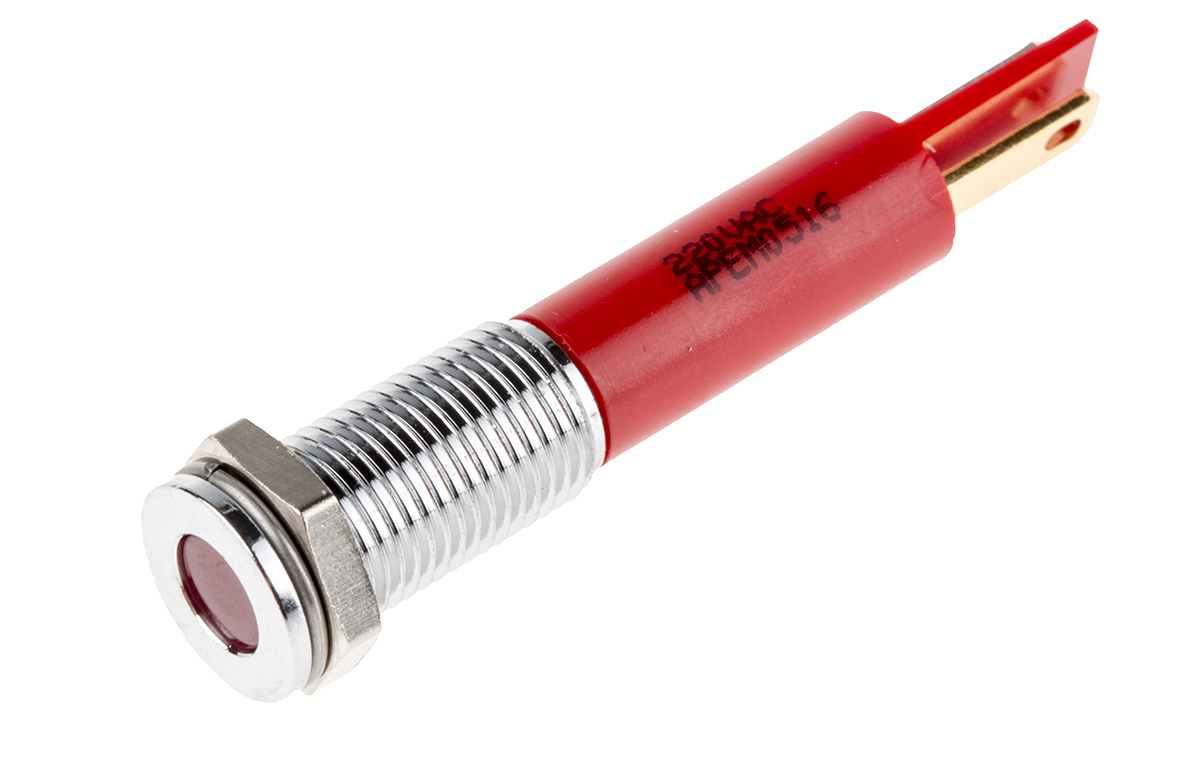 RS PRO Red Panel Mount Indicator, 220V ac, 8mm Mounting Hole Size, Faston, Solder Lug Termination, IP67