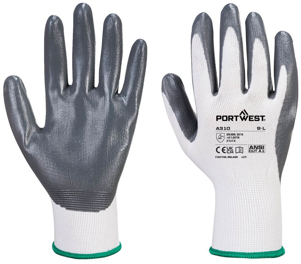Portwest A360 - Senti - Flex Glove Grey, White Elastane, Polyester Work Gloves, Size XL, Nitrile Foam Coating
