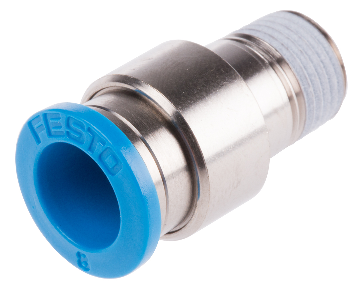 Festo QS Series Straight Threaded Adaptor, R 1/8 Male to Push In 8 mm, Threaded-to-Tube Connection Style, 153015