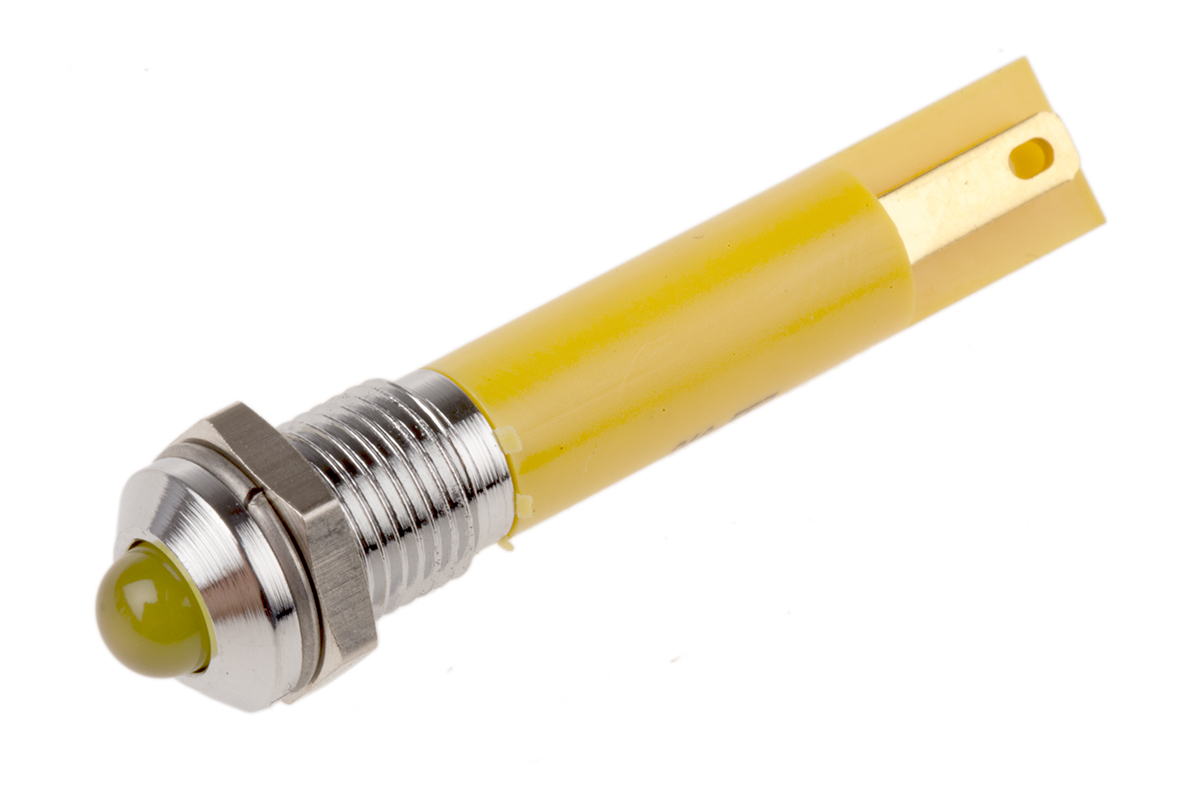 RS PRO Yellow Panel Mount Indicator, 12V ac, 8mm Mounting Hole Size, Solder Tab Termination