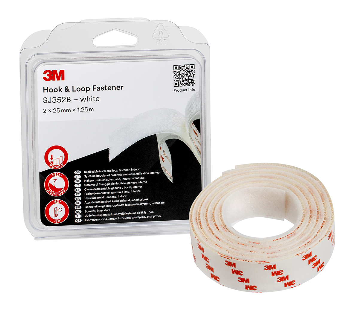 3M White Hook & Loop Tape, 25mm x 1.25m