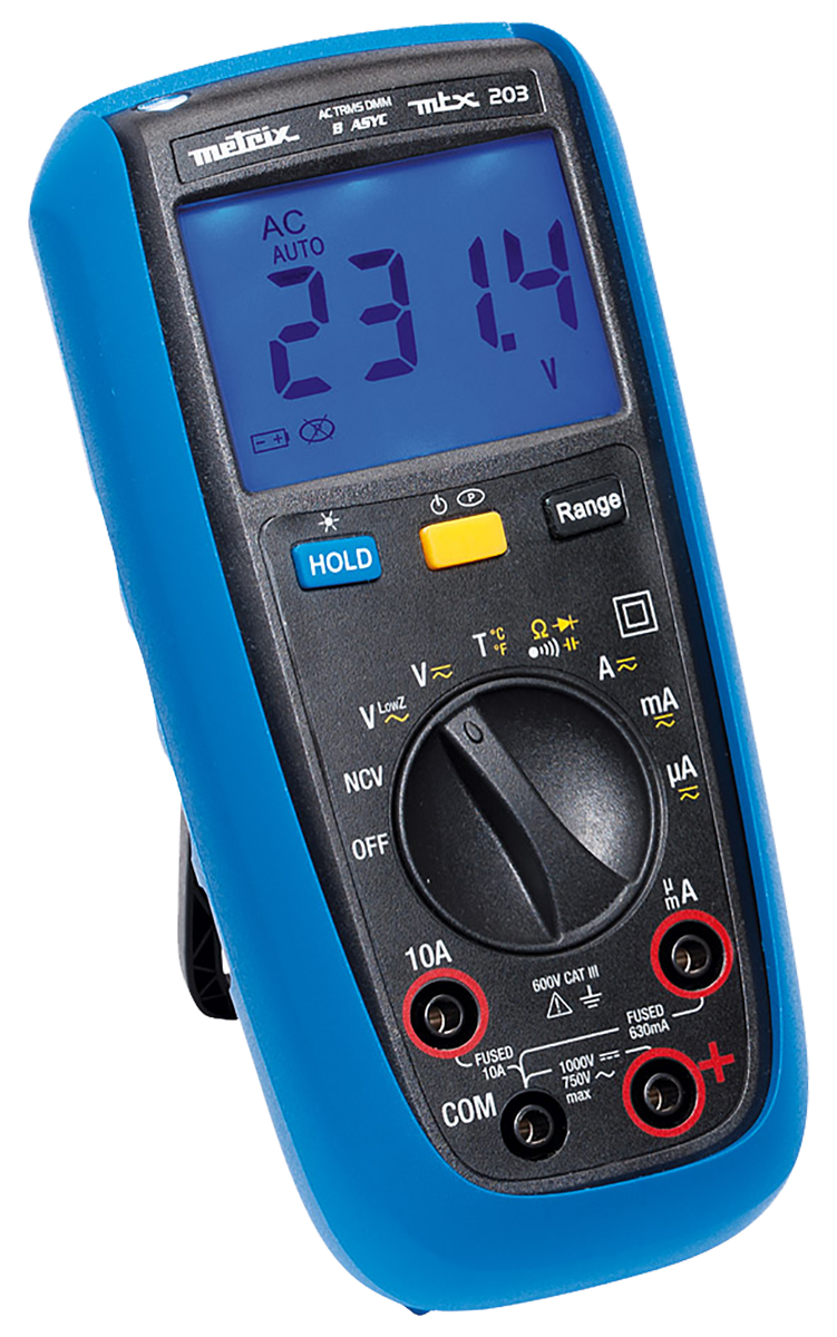 Metrix MTX203 Handheld Digital Multimeter, True RMS, 10A ac Max, 10A dc Max, 750V ac Max