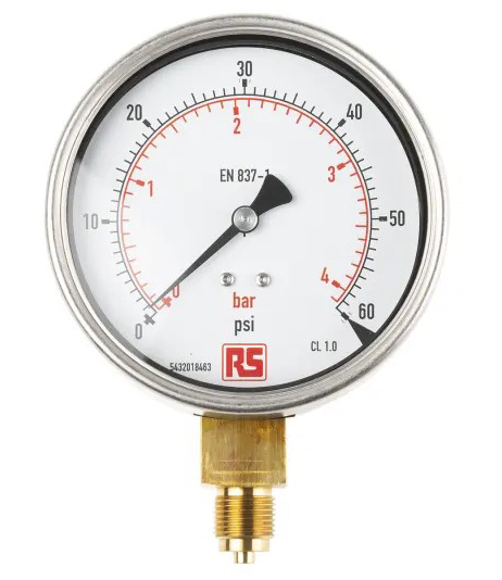 RS PRO G 3/8 Analogue Pressure Gauge 60psi Bottom Entry 100mm Outside Diameter, With RS Calibration