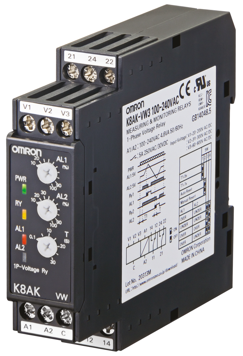 Omron Voltage Monitoring Relay, 1 Phase, 2 x SPDT, 20 → 200V ac/dc, DIN Rail