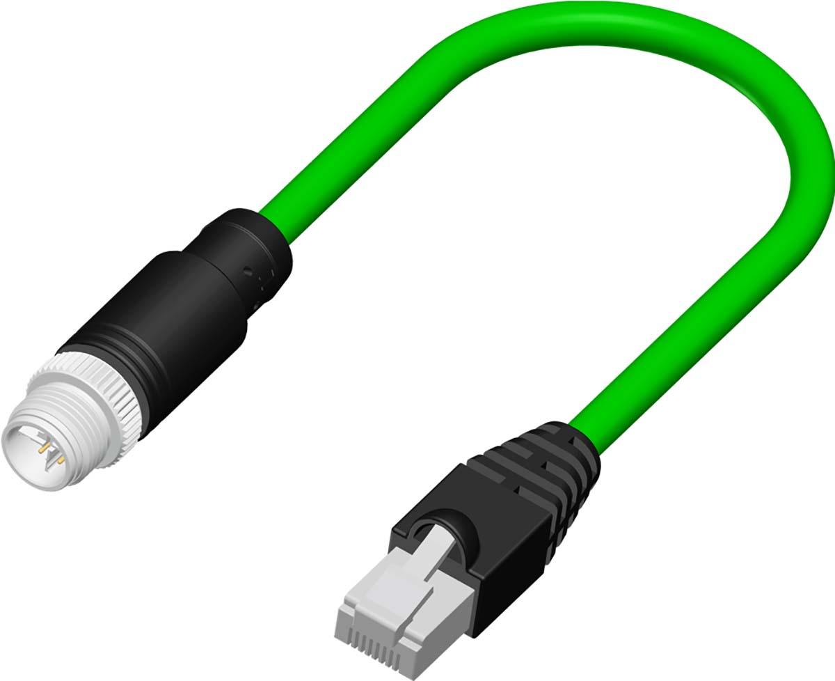 RS PRO, 10m Cat6a, Green M12 to Male RJ45 Male, Tinned Copper Braid Shielded, Terminated PVC Sheath