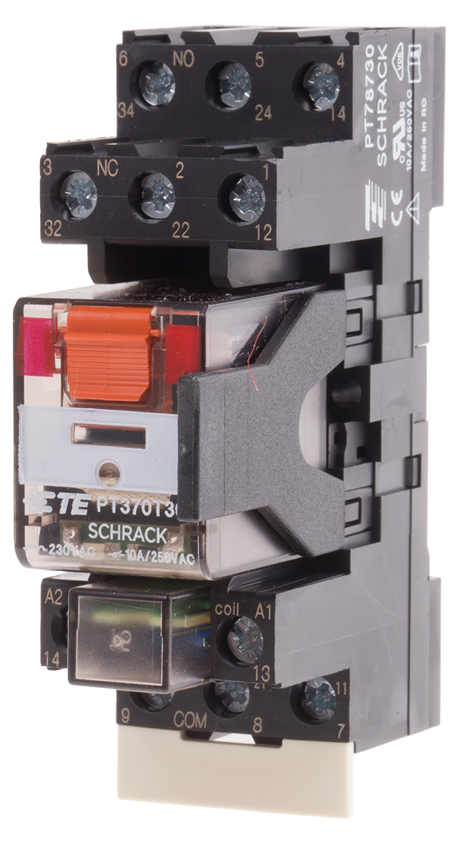 TE Connectivity DIN Rail Power Relay, 230V ac Coil, 10A Switching Current, 3PDT