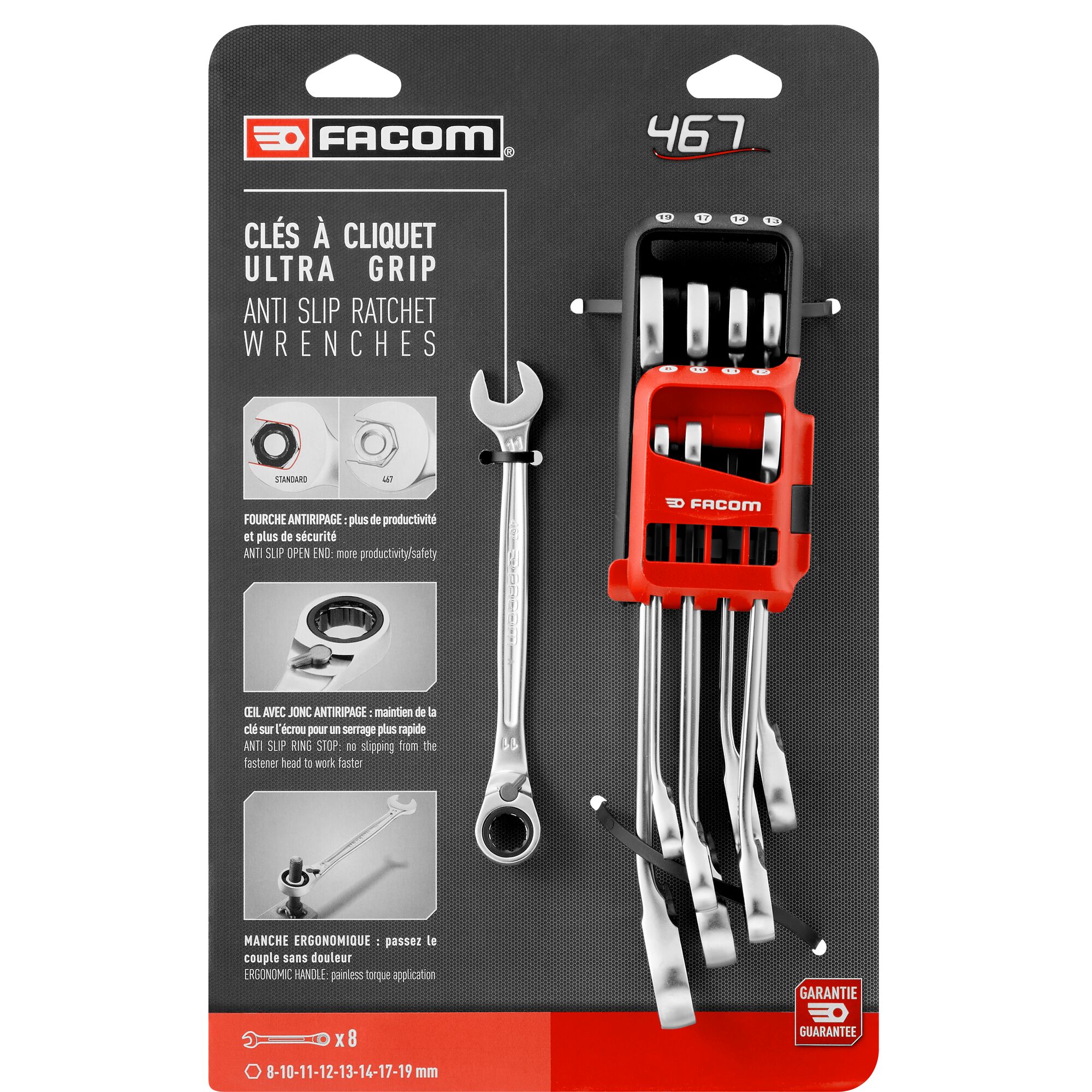 Facom 467 B open end wrenches with ratchet Series 8-Piece Combination Ratchet Spanner Set, 8 → 19, Chrome