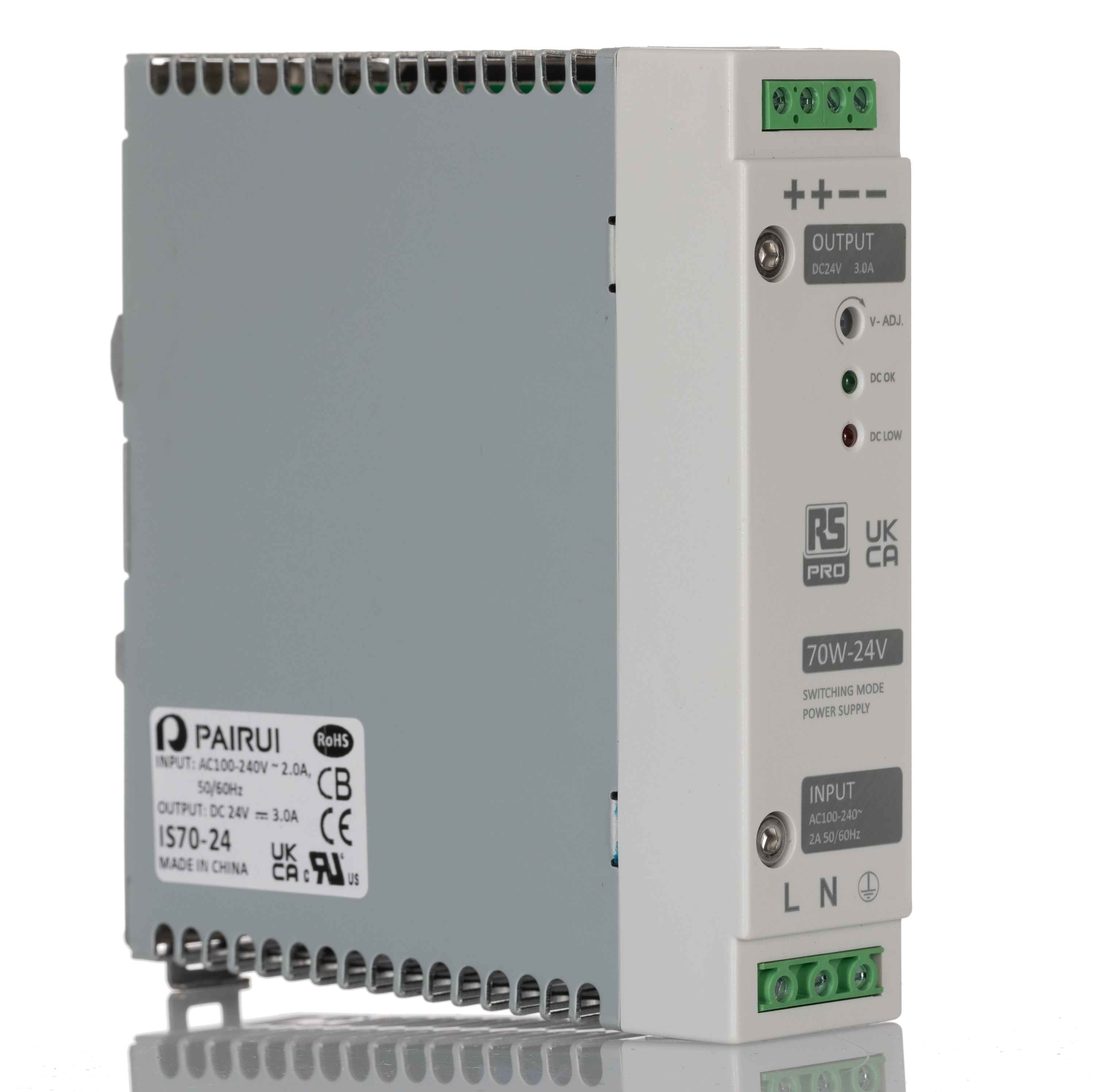 RS PRO Switched Mode DIN Rail Power Supply, 230V ac, 24V dc dc Output, 3A Output, 70W