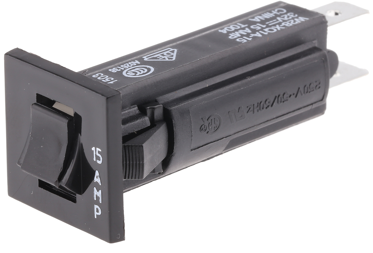 TE Connectivity Thermal Circuit Breaker - W28 SP Pole 32 V dc, 250 V ac Voltage Rating Panel Mount, 15A Current Rating
