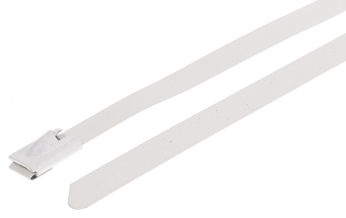 RS PRO Cable Tie, Roller Ball, 360mm x 7.9 mm, White Polyester Coated Stainless Steel, Pk-100