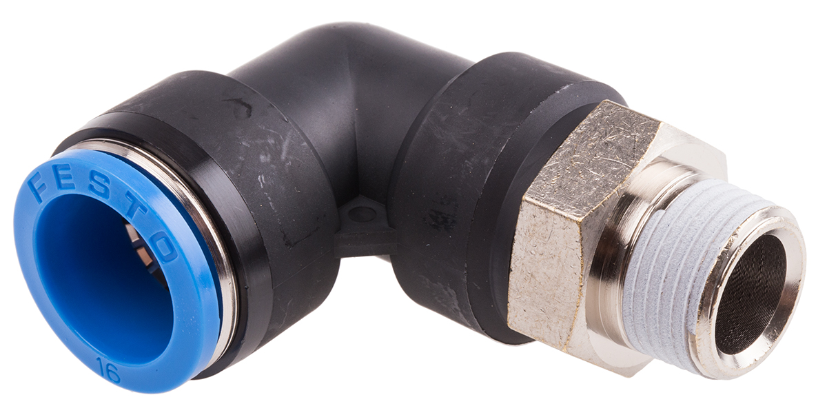 Festo QS Series Elbow Threaded Adaptor, R 3/8 Male to Push In 16 mm, Threaded-to-Tube Connection Style, 164958
